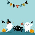 Cute background with ghosts, black spider and cute pumpkins for a happy halloween party. Decorated with a garland Royalty Free Stock Photo