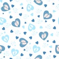 Cute background with hand drawn blue hearts and baby feet for baby design. Pastel colors, pink shades. Vector Royalty Free Stock Photo