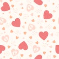 Cute background with hearts and baby feet. Seeamless pattern for baby design. Pastel colors, pink shades. Vector Royalty Free Stock Photo