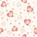 Cute background with hearts and baby feet who hold the parent's hands. Seamless pattern for baby design. Pastel colors Royalty Free Stock Photo