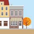 Cute background with old town houses. Autumn fall scene. Flat design, illustration.