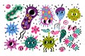 Cute bacteria characters. Funny cartoon germs, color viruses and microbes, different shapes, harmful and useful