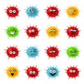 Cute bacteria, virus, germ cartoon character set. Microbe and pathogen vector icons isolated on background. Covid-19