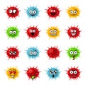 Cute bacteria, virus, germ cartoon character set. Microbe and pathogen vector icons isolated on background. Covid-19