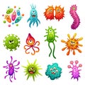 Cute bacterias. Bacteria character, cartoon germs. Colorful cell and microbe, health icons. Funny monsters and garish