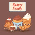 Cute bakery kawaii family vector illustration with yummy cakes, biscuits, bread and cupcakes with eyes. Funny smiling