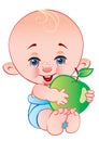 Cute bald baby sitting in a blue diaper and holding a big green apple in his hands and smiling, isolated object on a