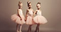 Cute ballerina little girls in pink tutu dance practice in the room, kid ballet concept. Adorable children dancing together