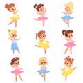 Cute ballerinas. Girls in tutus and pointe shoes. Young ballet dancers. Kids in different poses. Romantic characters Royalty Free Stock Photo