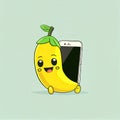 cute banana cartoon character looking at the smartphone, cartoon style, modern simple illustration