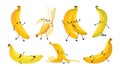 Cute banana characters, smile face. Happy kid emoji with eye hand and legs, children action, delicious fruits sticker