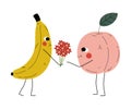 Cute Banana Giving Bouquet of Flowers to Peach, Cheerful Fruits Characters with Funny Faces, Best Friends, Happy Couple Royalty Free Stock Photo