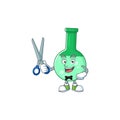 Cute Barber green chemical bottle cartoon character style with scissor