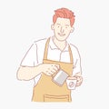 Cute barista at work. Young guy pours coffee into a cup