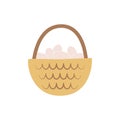 Cute basket with chicken eggs. Rural life item. Cartoon farmer icon. Breeding of poultry. Easter wicker basket