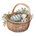 cute basket with teddy bear inside watercolor illustration Royalty Free Stock Photo