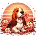 A cute basset hound dog in cartoon style, bathed in sunset retro, in love and romantic scene, surrounded by flower petals, animal Royalty Free Stock Photo