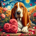 A cute basset hound dog in love scene, with a heart of rose, flower petals arounds, romance, Van Gogh painting art, animal Royalty Free Stock Photo