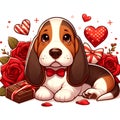 A cute basset hound dog in love scene, pose with chocolate and rose flower petals arounds, cartoon, anime art, animal design Royalty Free Stock Photo