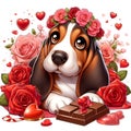 A cute basset hound dog in love scene, wearing a crown of rose flower, chocolate, love sign, anime art, cartoon, heart Royalty Free Stock Photo