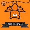 Cute bat and black ribbon. Contour outline animal. Orange background Happy Halloween card. Flat design.