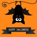 Cute bat and black ribbon. Happy Halloween card.