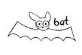 Cute bat drawn in cartoon doodle style. Vector outline illustration isolated on white background. For coloring book page,