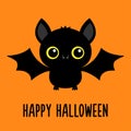 Cute bat flying black silhouette icon. Happy Halloween. Cartoon funny baby character with big open wing, yellow eyes, ears. Forest Royalty Free Stock Photo