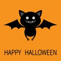 Cute bat flying silhouette icon. Happy Halloween. Cartoon funny baby character with big open wing, eyes, ears. Forest animal. Flat Royalty Free Stock Photo