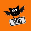 Cute bat with plate boo. Happy Halloween card. Flat design. Royalty Free Stock Photo