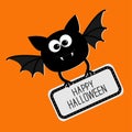 Cute bat with plate Happy Halloween card. Flat design. Royalty Free Stock Photo