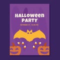 Cute bat, pumpkins and candy corn. Flyer invitation to a Halloween party on a purple background Royalty Free Stock Photo