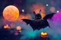 Cute bat with pumpkins and moon on dark background, neural network generated image