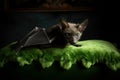 Cute bat resting on plush green cushion. Generate ai