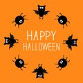 Cute bat and spider round frame. Happy Halloween card. Orange background.
