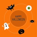 Cute bat. Sunburst background. Happy Halloween card. Flat design. Royalty Free Stock Photo