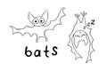 Cute bats drawn in cartoon doodle style. Vector outline illustration isolated on white background. For coloring book page, Royalty Free Stock Photo