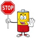 Cute Battery Cartoon Mascot Character Gesturing And Holding A Stop Sign