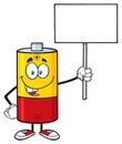 Cute Battery Cartoon Mascot Character Holding A Blank Sign