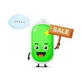 Cute battery mascot with the sales sign