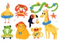 Cute beach animals. Resting happy cartoon characters, cute funny frog, crab with watermelon, snake and giraffe with