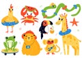 Cute beach animals. Resting happy cartoon characters, cute funny frog, crab with watermelon, snake and giraffe with summer Royalty Free Stock Photo