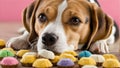 Cute beagle dog eating colorful cookies, close up view.