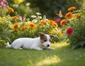 Cute beagle dog puppy in garden in sunlight, Generative AI Royalty Free Stock Photo