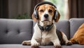 cute beagle dog wearing headphones in room modern comfort