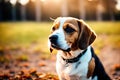 Cute Beagle puppy outdoors. Beagle breed. Color grading generative ai, a hunting dog