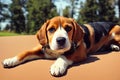 Cute Beagle puppy outdoors. Beagle breed. Color grading generative ai, a hunting dog