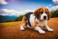 Cute Beagle puppy outdoors. Beagle breed. Color grading generative ai, a hunting dog