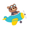 Cute Bear Animal with Goggles Flying on Airplane with Propeller Vector Illustration