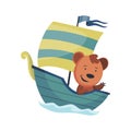 Cute bear animal sailing on boat. Vector funny cartoon sailor on sailboat with water waves isolated on white background